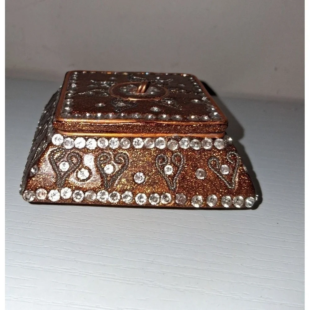 Decorative Bronze Glitter Trinket Box Jeweled Hinged Lid Boho Box 3